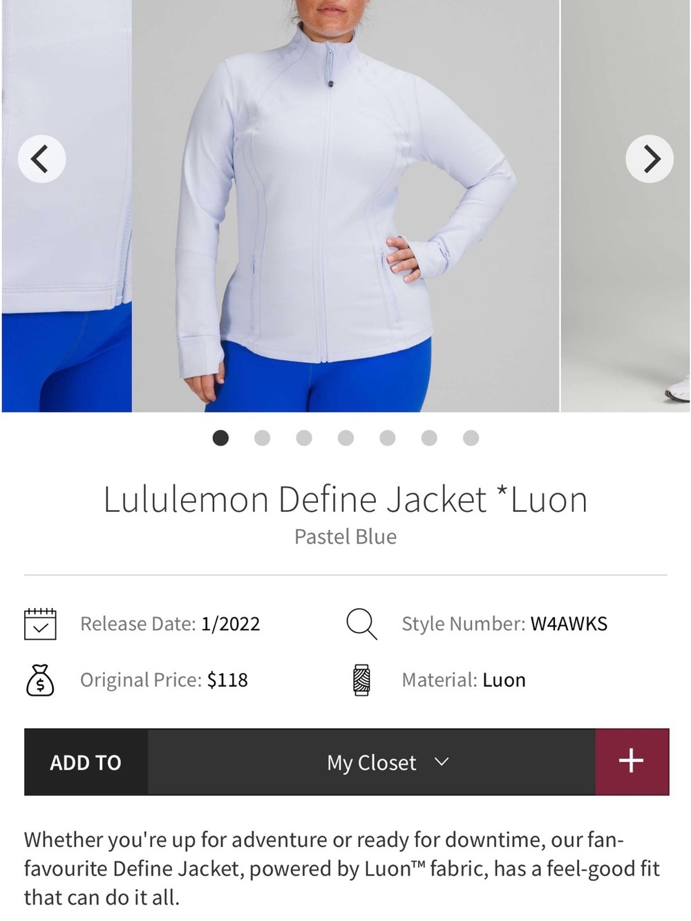 lululemon Define Jacket - Pastel Blue size 14 / baby blue